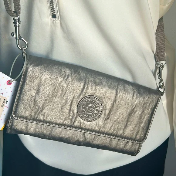 New Kipling Zuma Metallic Pewter Croc Embossed Crossbody Travel Organizer - Picture 1 of 13